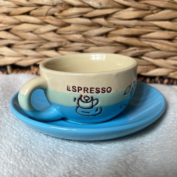 Espresso Cup and Saucer Blue and Tan Holds 2.67 ounces - Picture 2 of 10